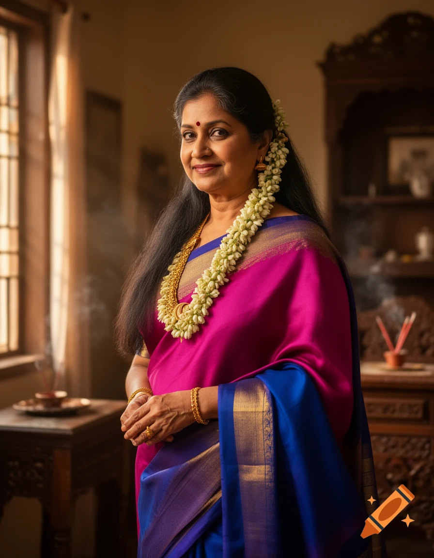 Smiling woman in a pink and blue silk saree with gold jewelry and a white floral garland, in a warmly lit traditional Indian home.