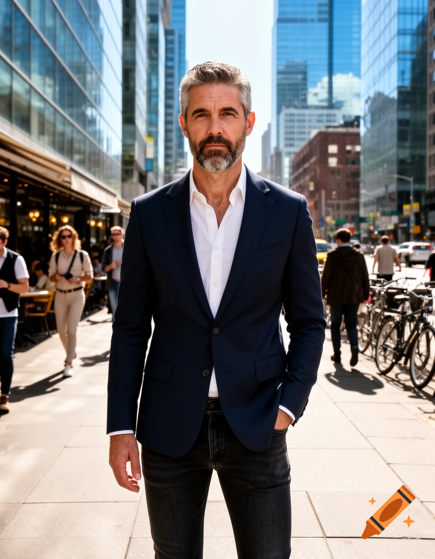 A well-dressed man with a beard stands on a bustling city sidewalk with modern buildings in the background.