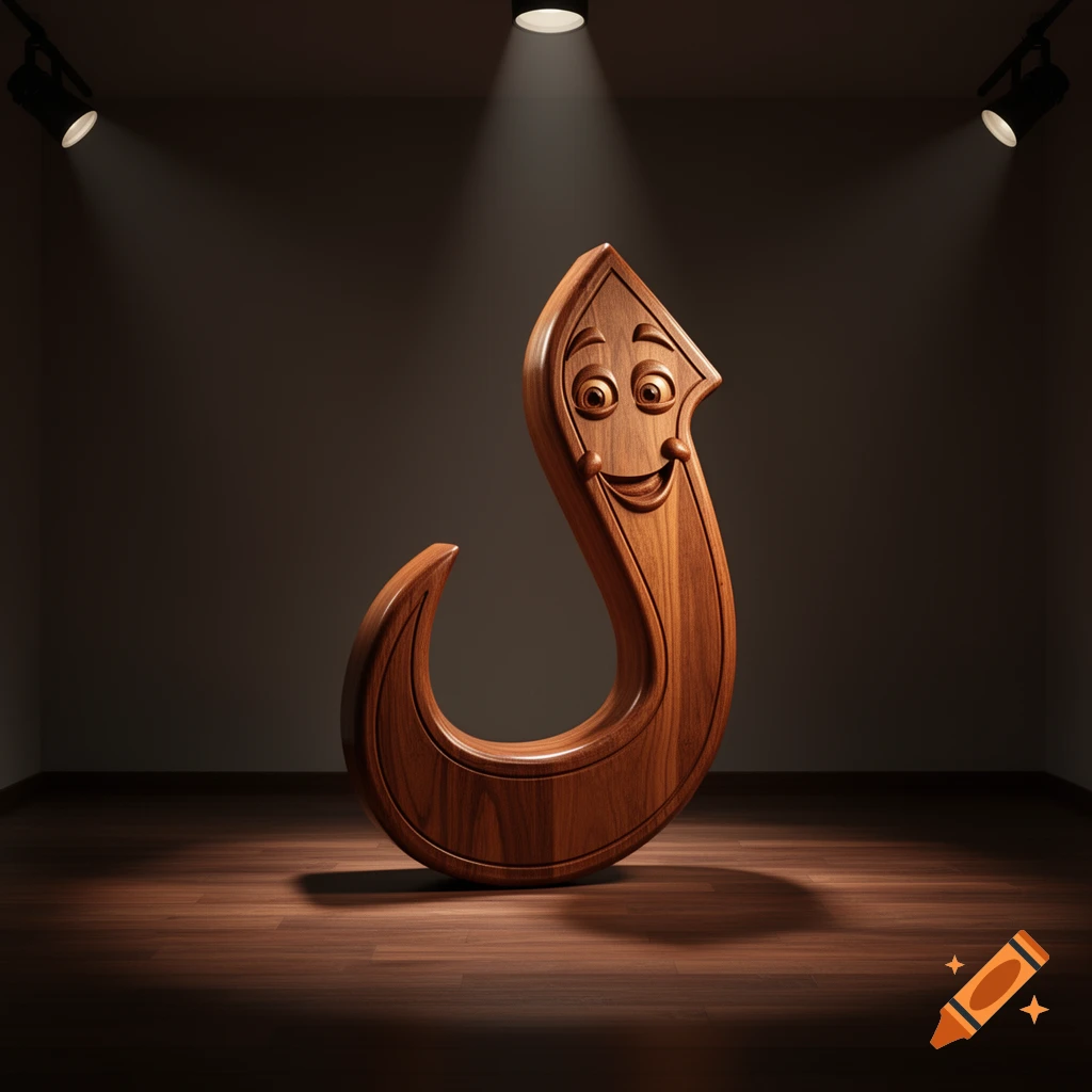 A stylized wooden Arabic letter 'Alif' with a smiling face, illuminated by spotlights on a wooden floor.
