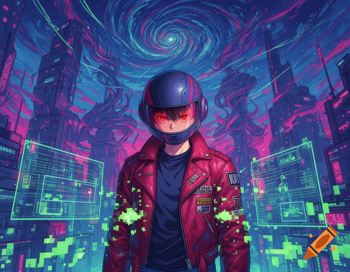 An anime character in a red jacket and helmet with glowing red eyes stands in a vibrant, neon-lit cyberpunk city under a swirling sky.