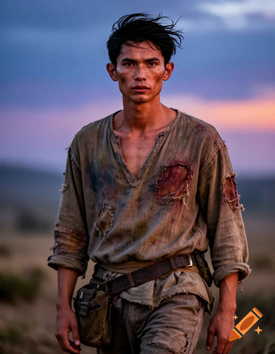 Photorealistic portrait of a young man with wind-burned skin and messy black hair, wearing dirty, patched clothes, against a sunset sky.