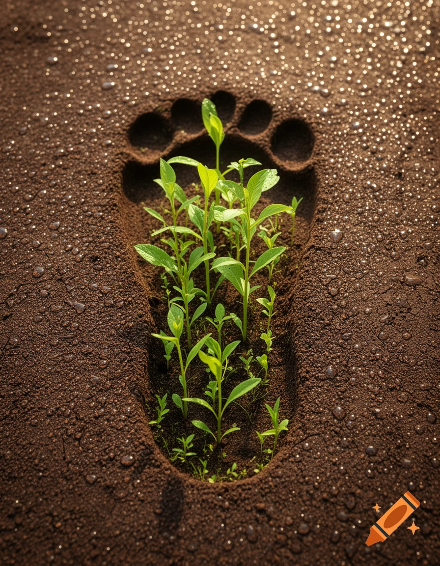 Photorealistic image of a human footprint in dark soil with green plants growing from within, surrounded by water droplets.