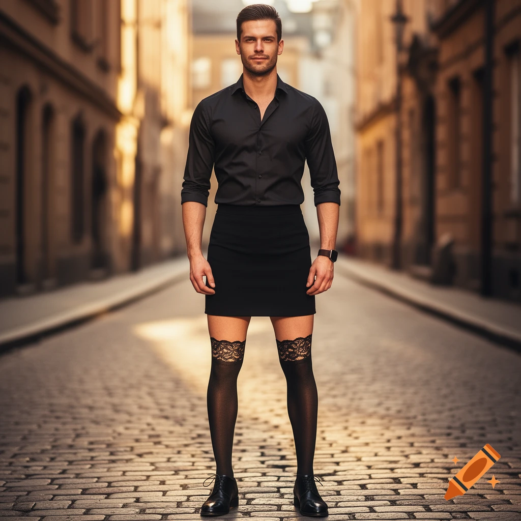 A man in a black shirt, mini skirt, and lace-top thigh-high stockings stands on a cobblestone street in an old city.