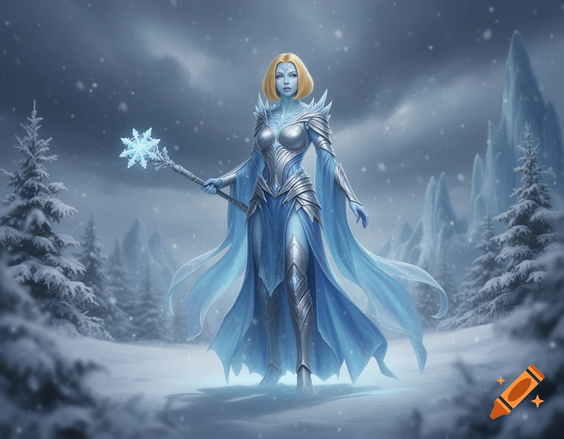 A blonde-haired female eladrin cleric with pale blue skin, dressed in silver and blue armor, holding a snowflake mace in a snowy winter forest.