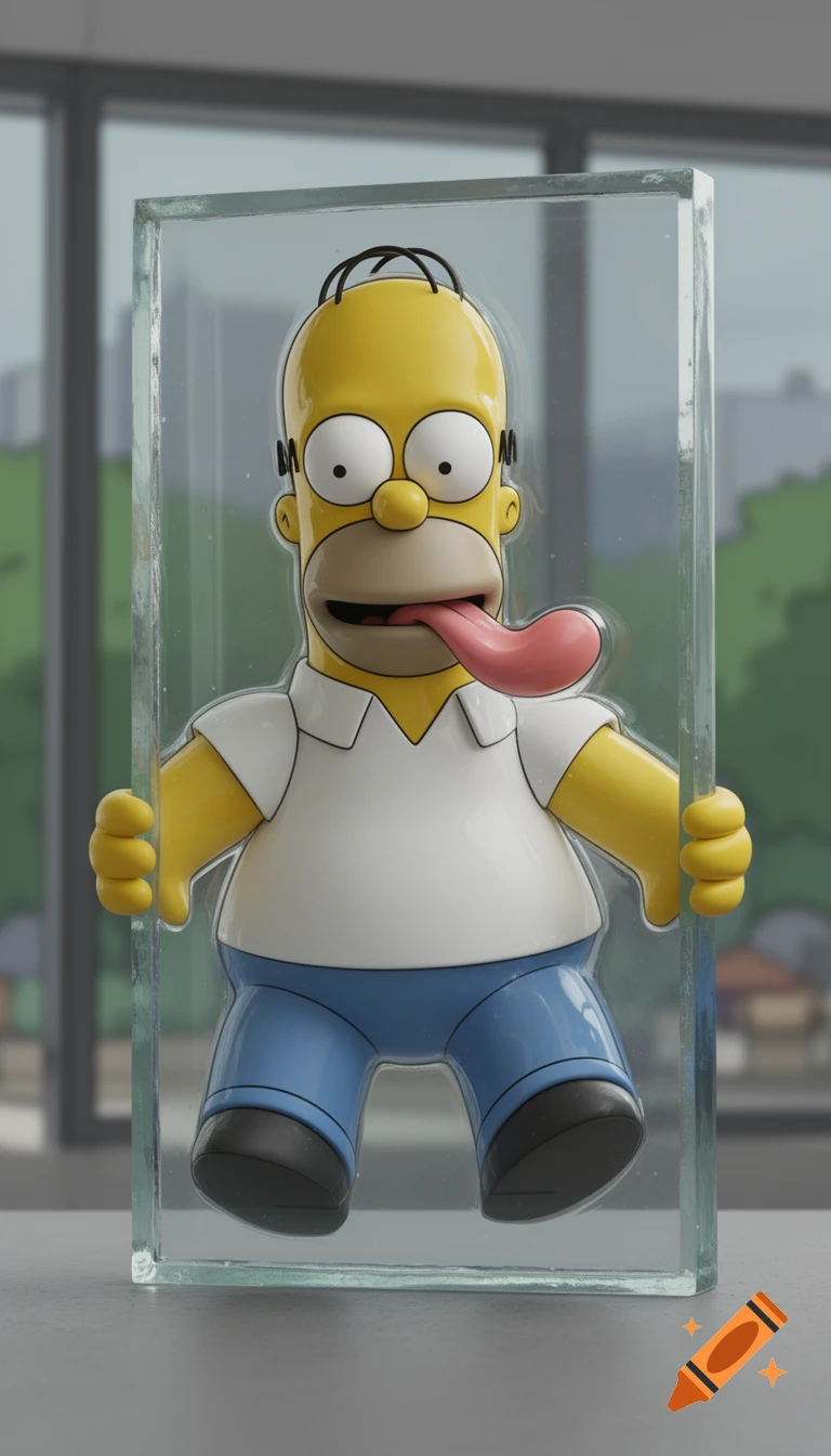 A 3D rendered Homer Simpson from The Simpsons cartoon pressed against a clear glass pane with his tongue sticking out.