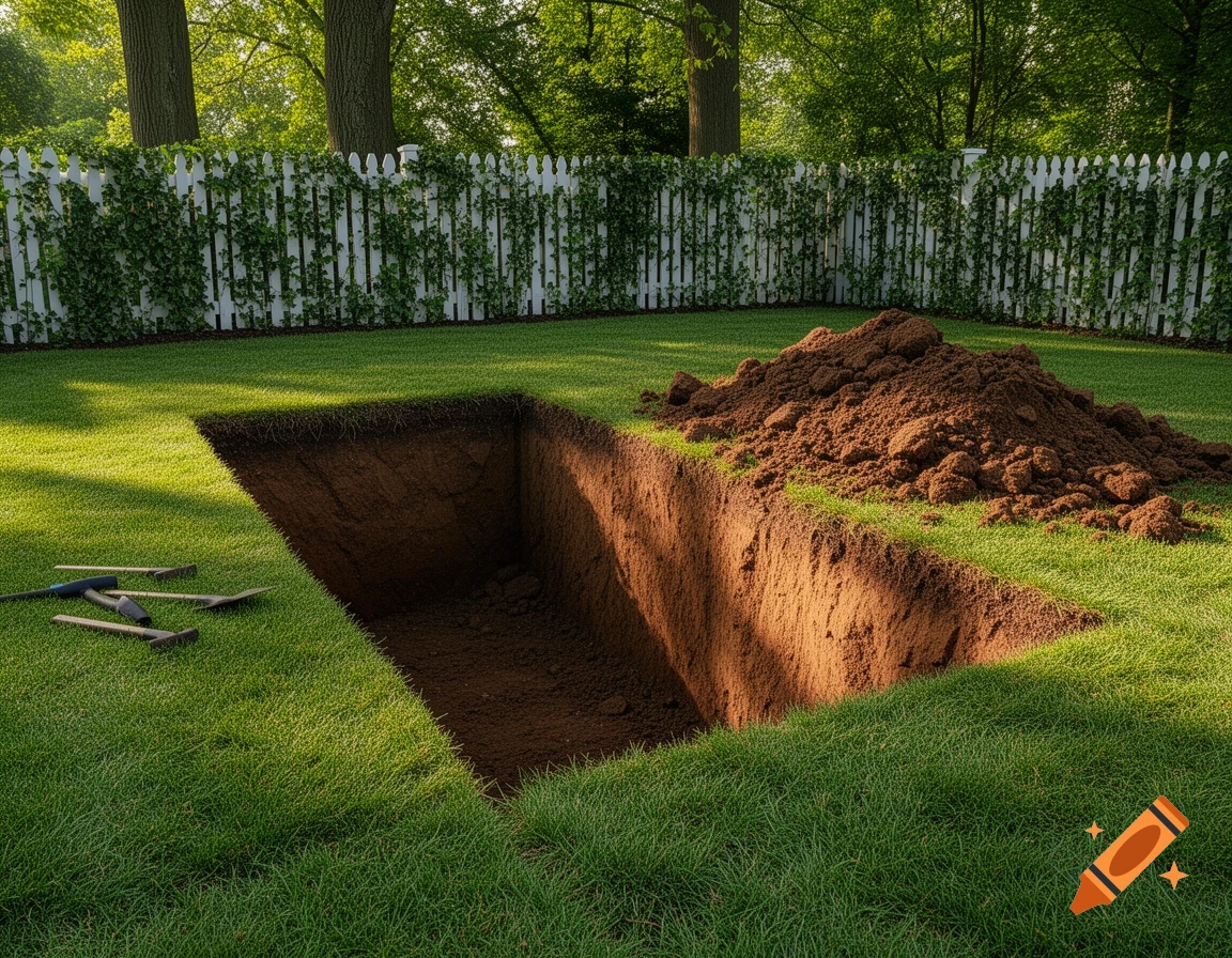 A deep, rectangular hole dug in a green grassy backyard with a pile of brown dirt next to it and several gardening tools on the ground.