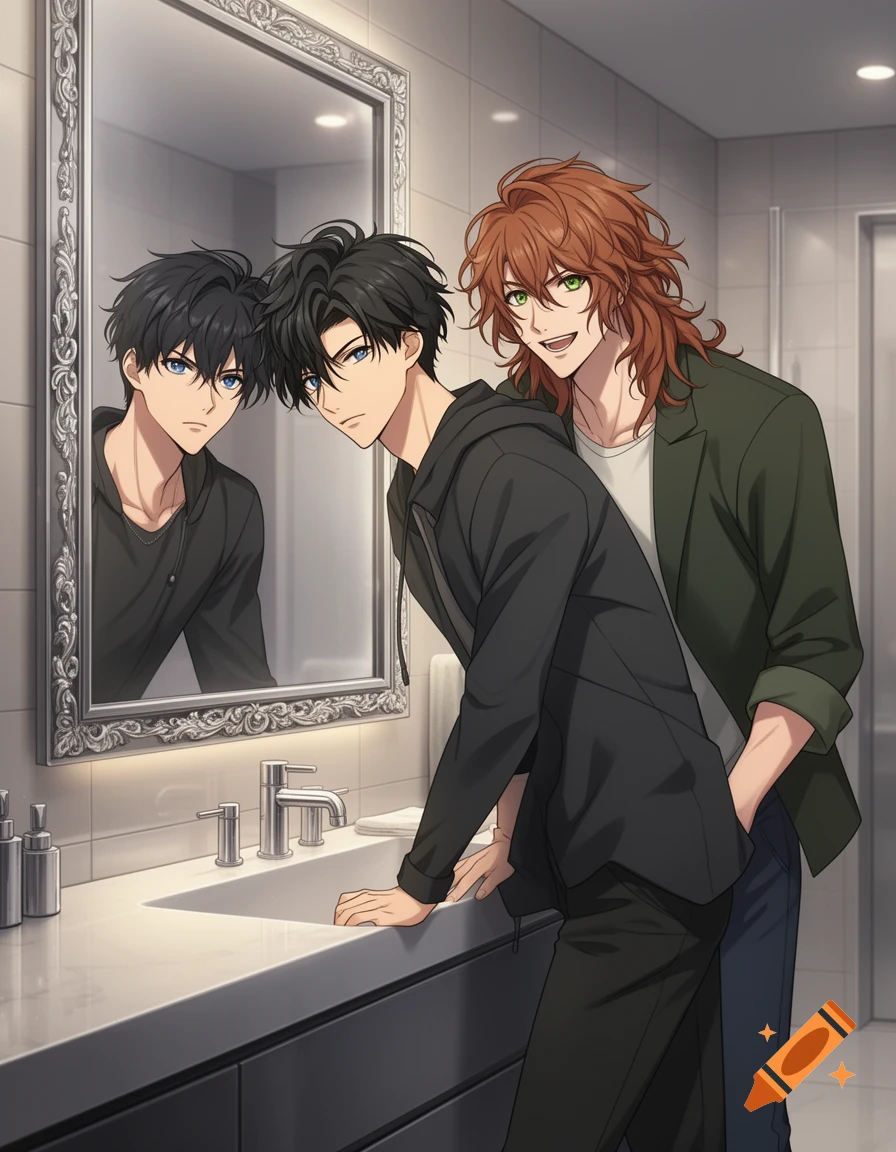 Anime-style men in a bathroom, one leaning at the sink while the other stands behind him, hand in his pocket.