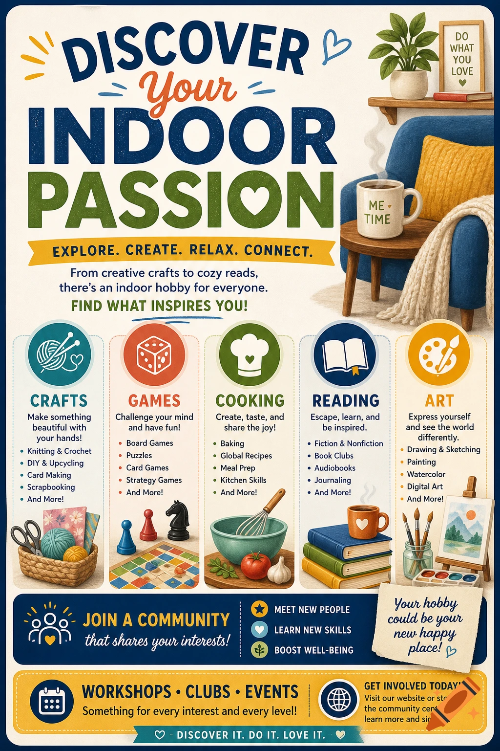 An inviting illustrated flyer titled "DISCOVER Your INDOOR PASSION" showcasing various hobbies like crafts, games, cooking, reading, and art.