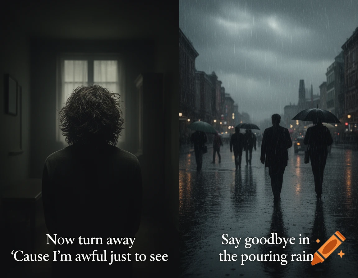 Diptych with a person facing a window in a dark room and people walking in a rainy city street at night, with overlaid lyrics.