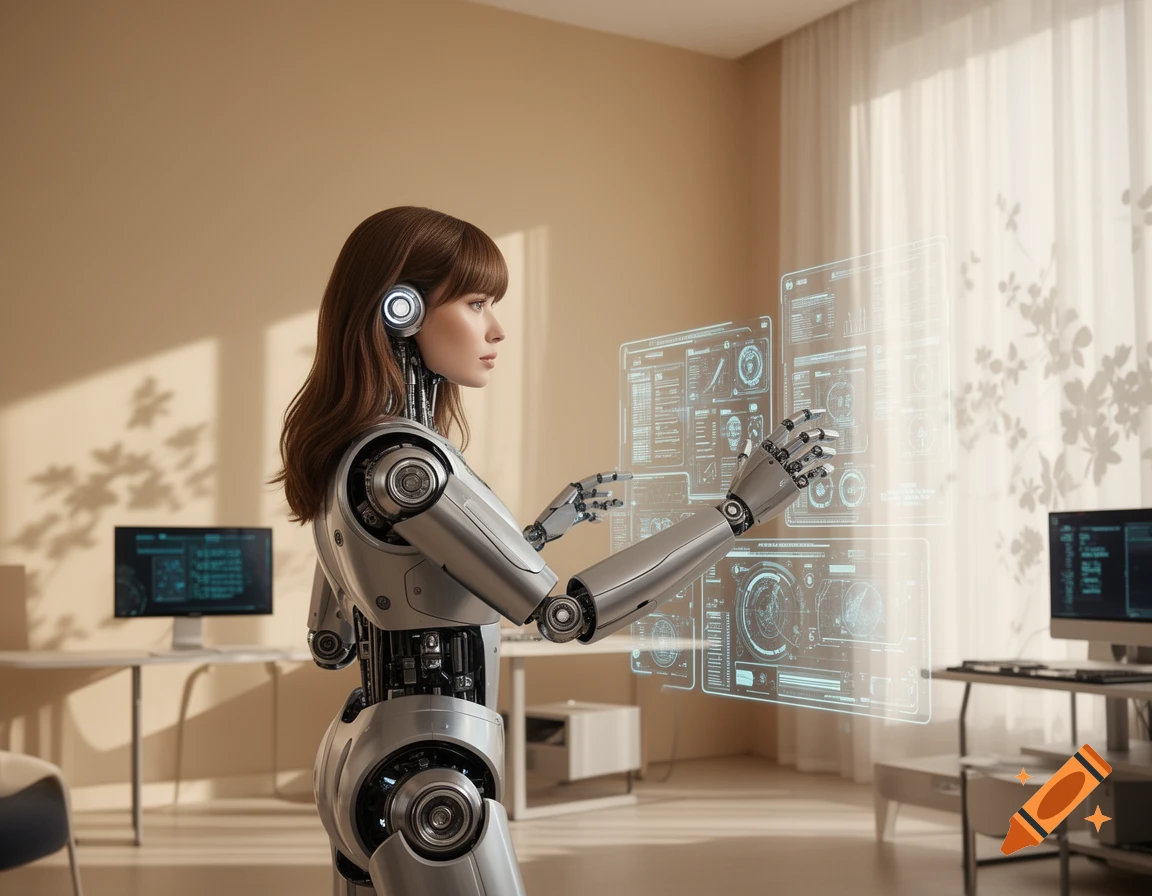 Photorealistic image of a female robot with brown hair and silver body parts interacting with multiple holographic screens displaying data in a modern, light-colored room.