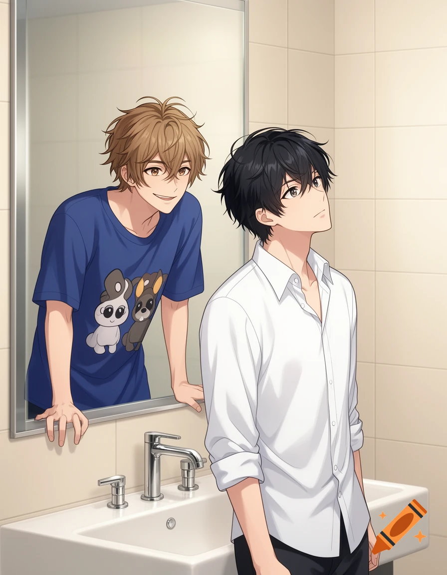 Two anime men in a bathroom, one with brown hair looking in the mirror and another with black hair looking upwards.