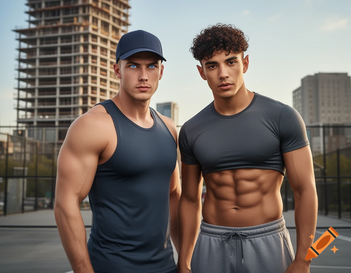 Two muscular men in athletic wear pose outdoors in an urban setting with a large building under construction in the background. Photorealistic style.