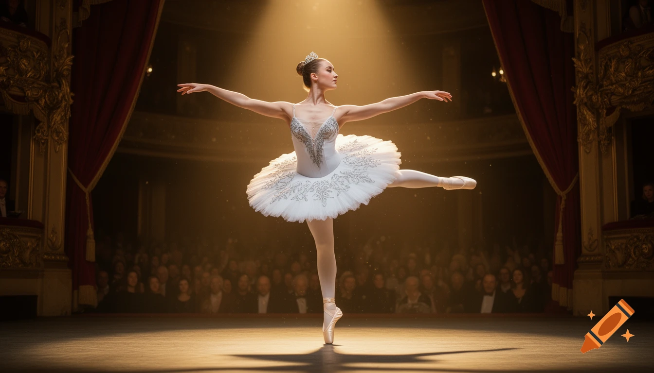 A graceful ballerina performs an arabesque en pointe on a grand opera house stage, illuminated by warm golden spotlights. Ultra-realistic.