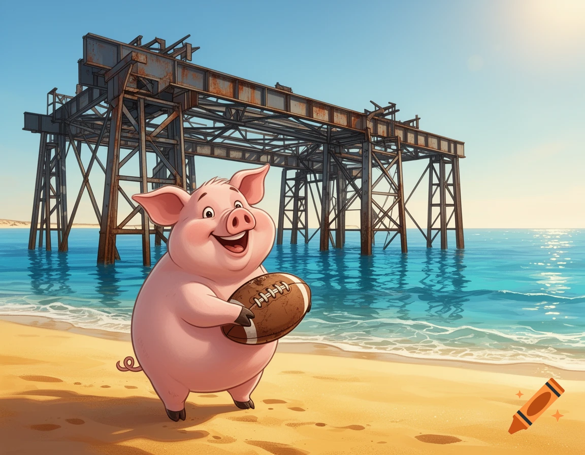 A smiling cartoon pig holds a rugby ball on a sunny beach, with a large metal pier structure and blue ocean behind it.