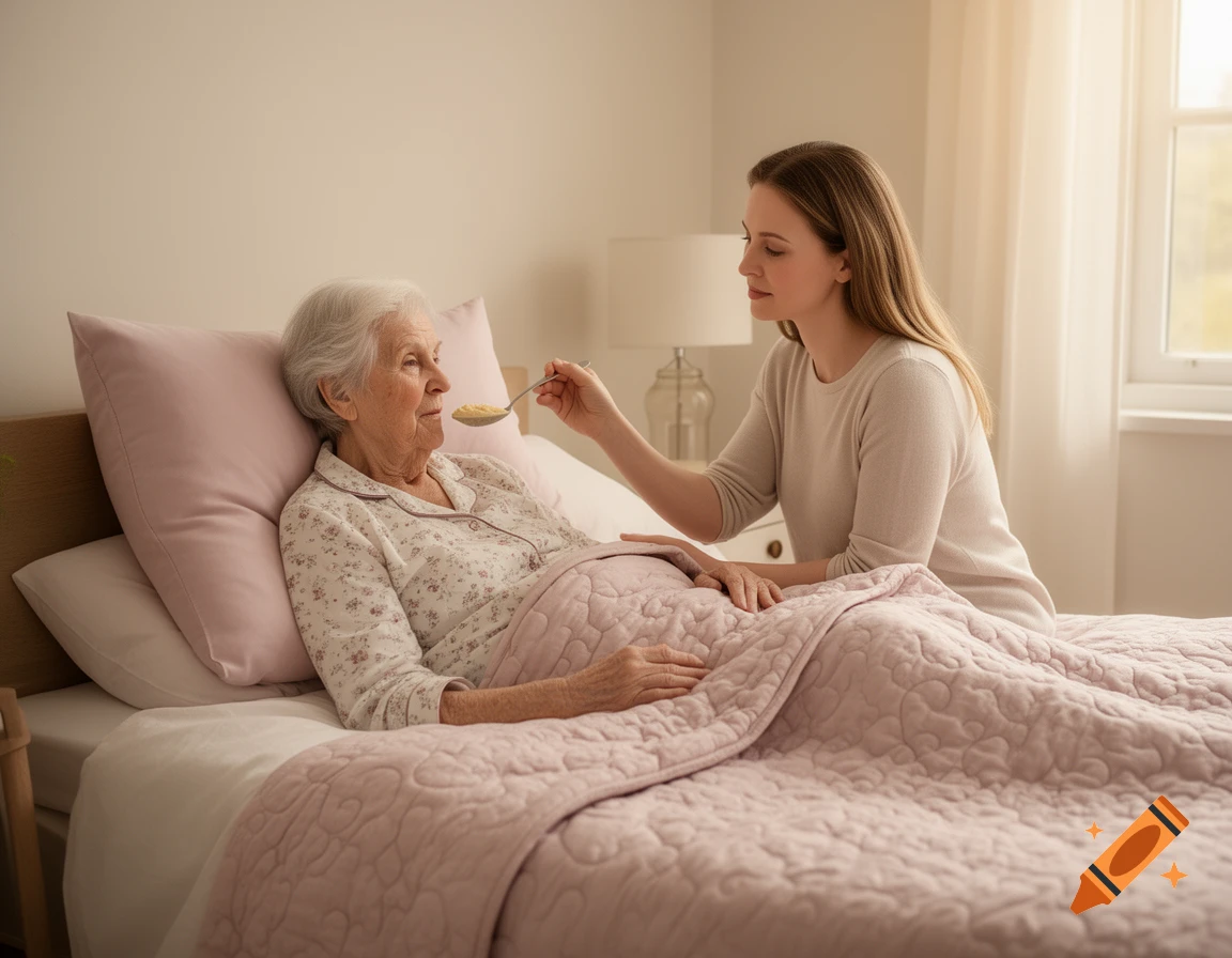 A younger woman spoon-feeding an elderly woman resting in bed in a bright bedroom, photorealistic.