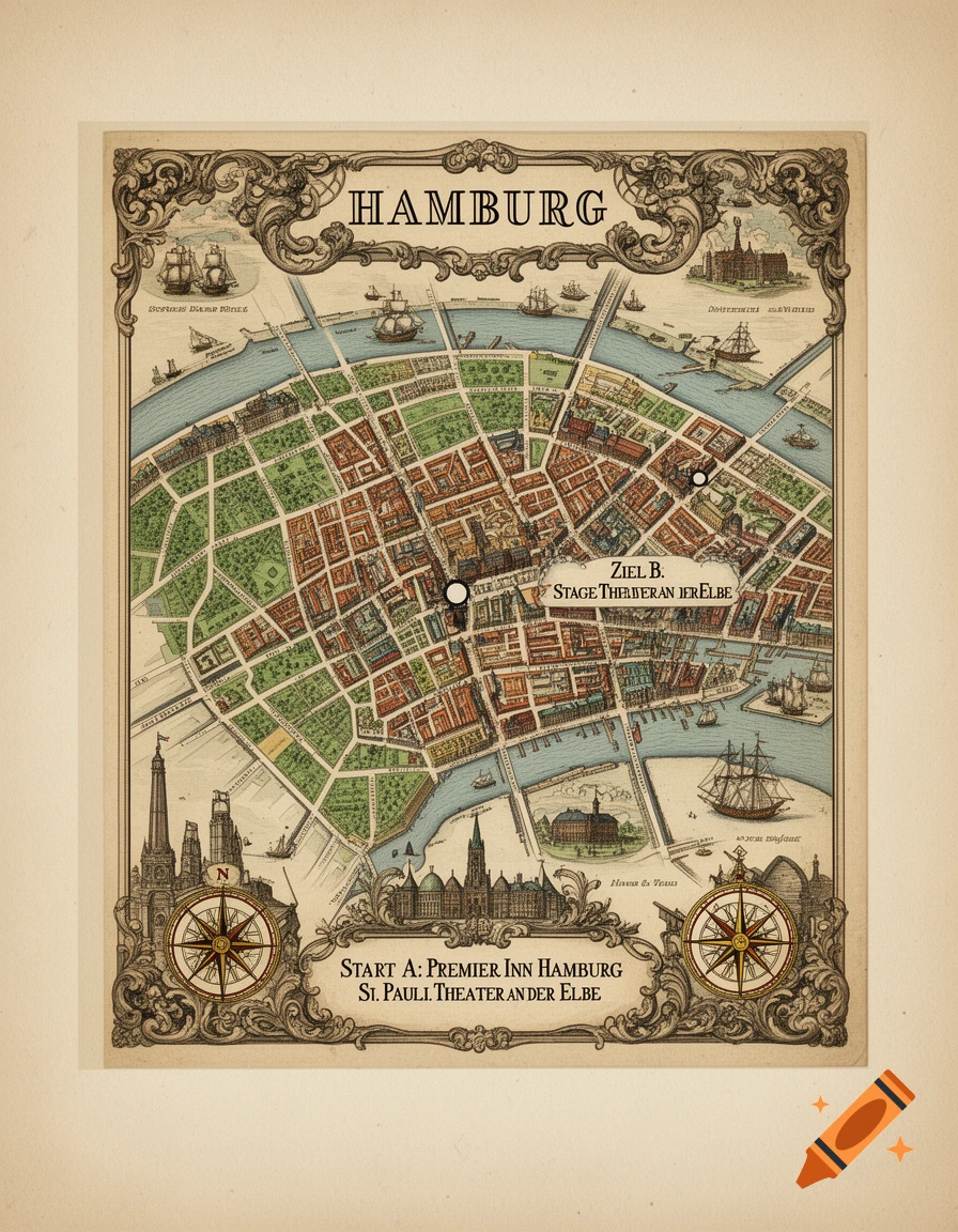An antique-style map of Hamburg, Germany, with detailed city blocks, a winding river, ships, and ornate borders, marking 'Start A' and 'Ziel B'.
