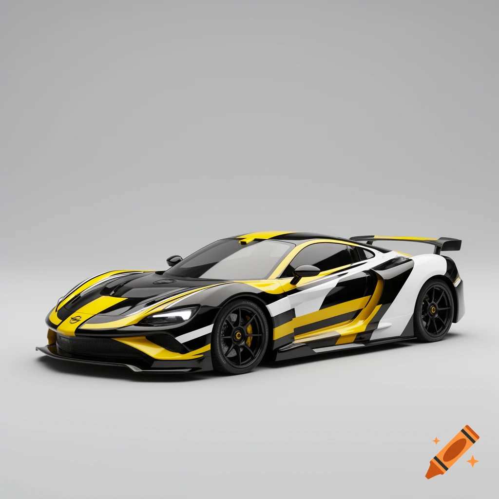 A sleek, modern sports car with a custom black, yellow, and white geometric paint job, parked on a light gray background.
