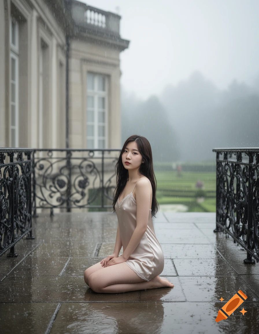 A young Korean woman kneels on a wet stone terrace in the rain, wearing a thin satin slip, with a grand building and misty trees in the background.