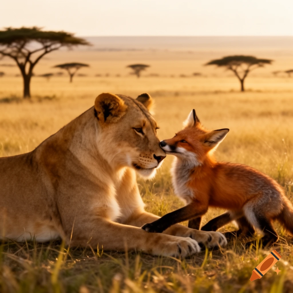 A lioness and a fox gently touch noses in a golden savanna landscape with acacia trees at sunset.