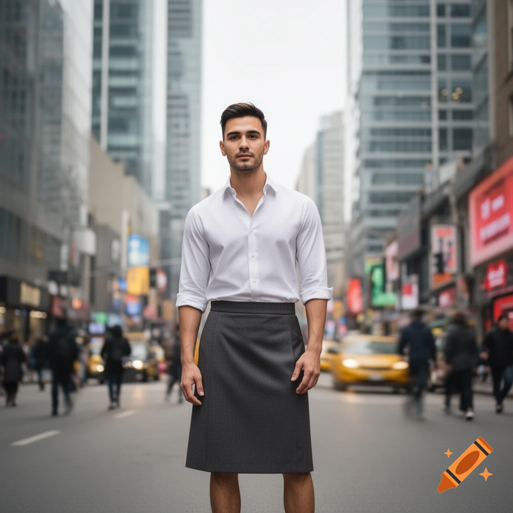 Photorealistic image of a man in a white shirt and dark gray skirt standing in a city street.