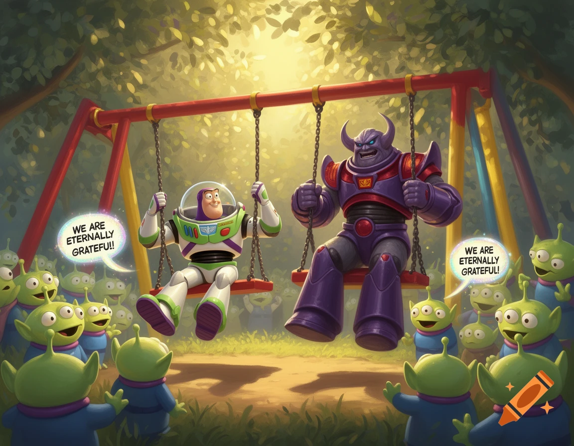 Cartoon illustration of Buzz Lightyear and Emperor Zurg swinging on a red swing set, surrounded by grateful green aliens in a sunlit forest.