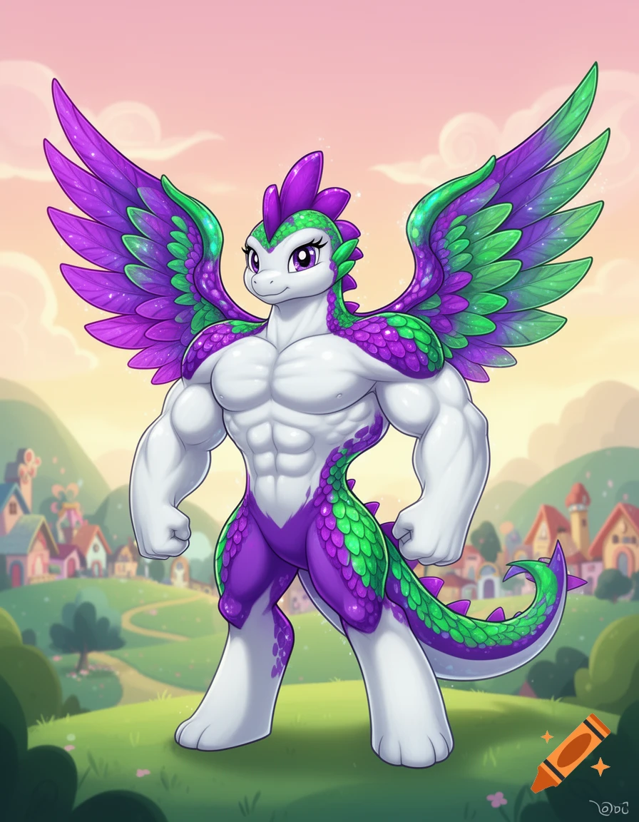 A muscular, anthro dragon character with white, purple, and green scales and large wings stands in a grassy field with a cartoon village in the background.