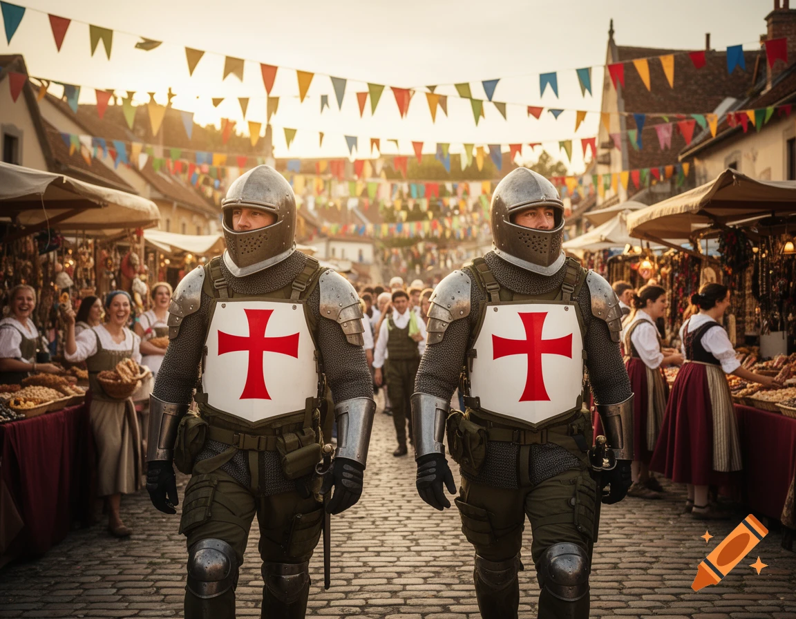 Two crusader knights in armor patrol a bustling medieval festival with colorful banners.