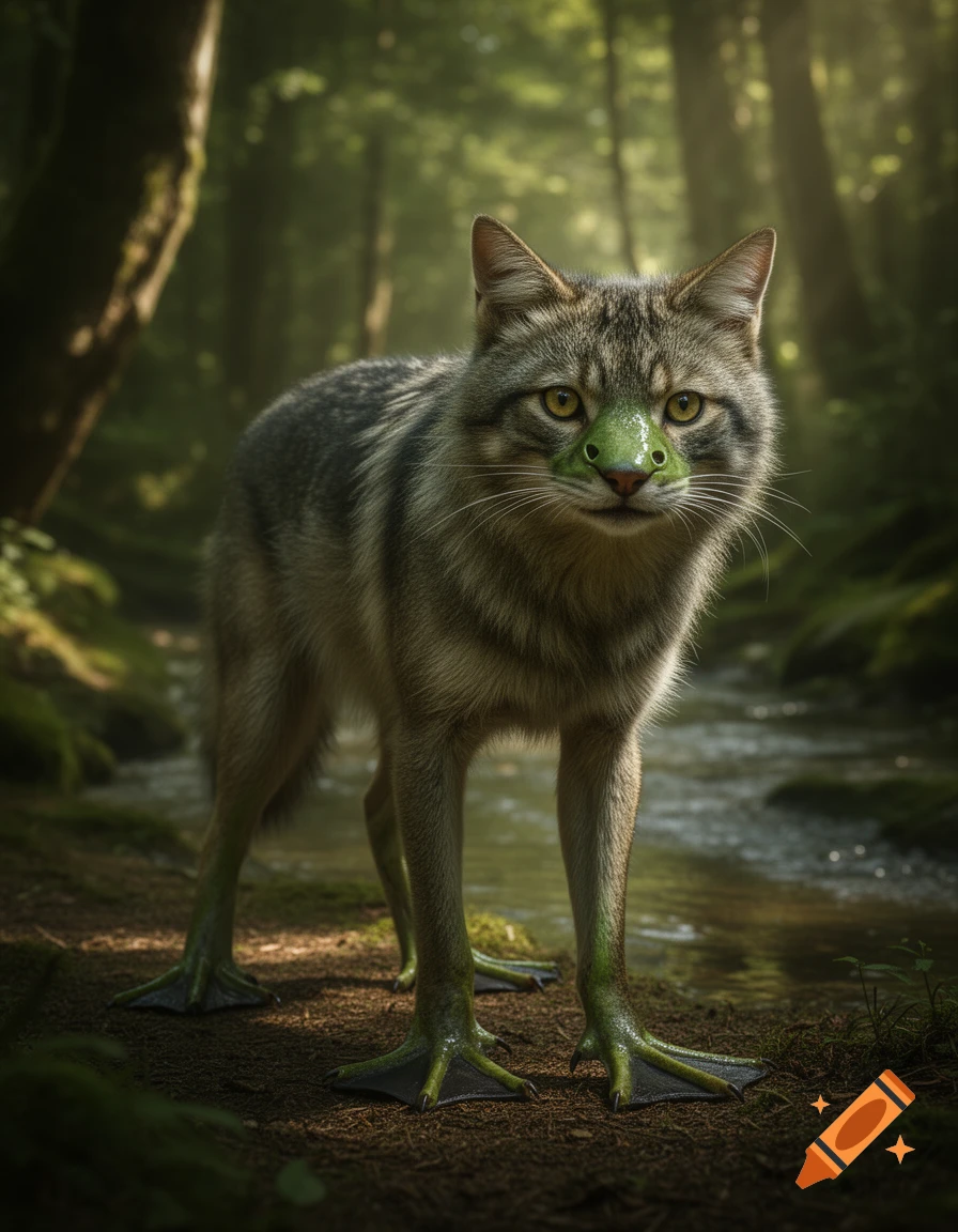 A photorealistic cat-like creature with green frog feet and snout stands on a forest path next to a stream.