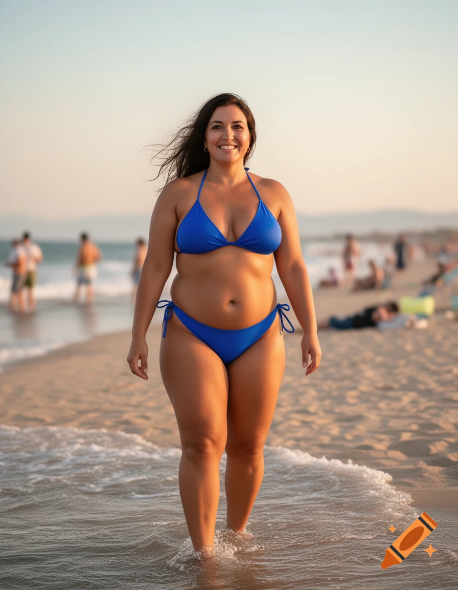A smiling woman in a blue bikini walks in the shallow water on a sandy beach, with people in the background.