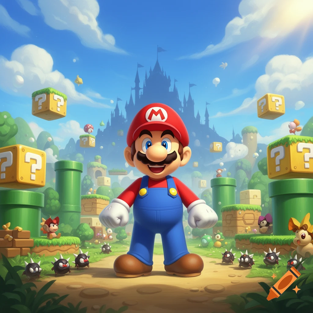 Mario stands in a vibrant Super Mario Bros. landscape with question mark blocks, pipes, enemies, and a castle.