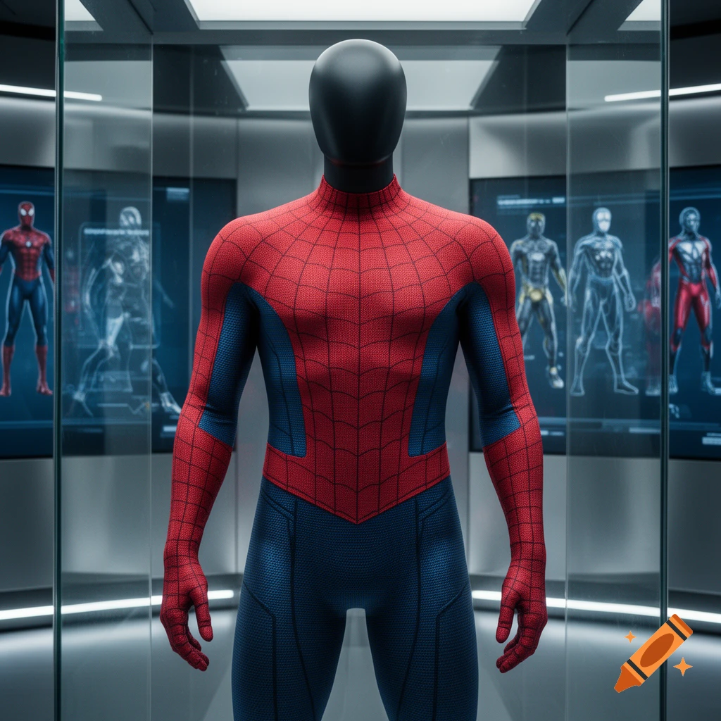 A photorealistic Spider-Man suit on a black mannequin, standing in a futuristic display room with blue holographic figures in the background.
