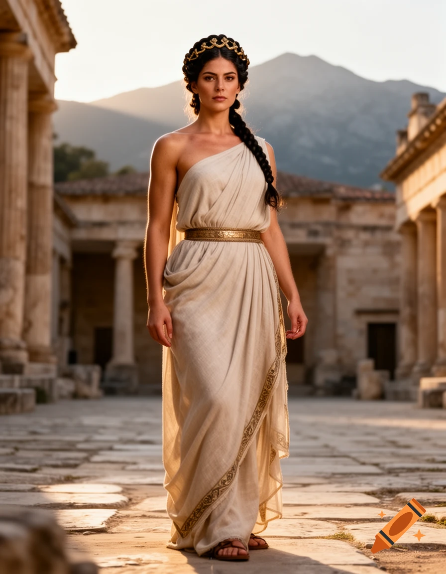 A woman in a beige ancient Greek gown with a gold belt and headband stands in sunlit ruins with mountains in the background.