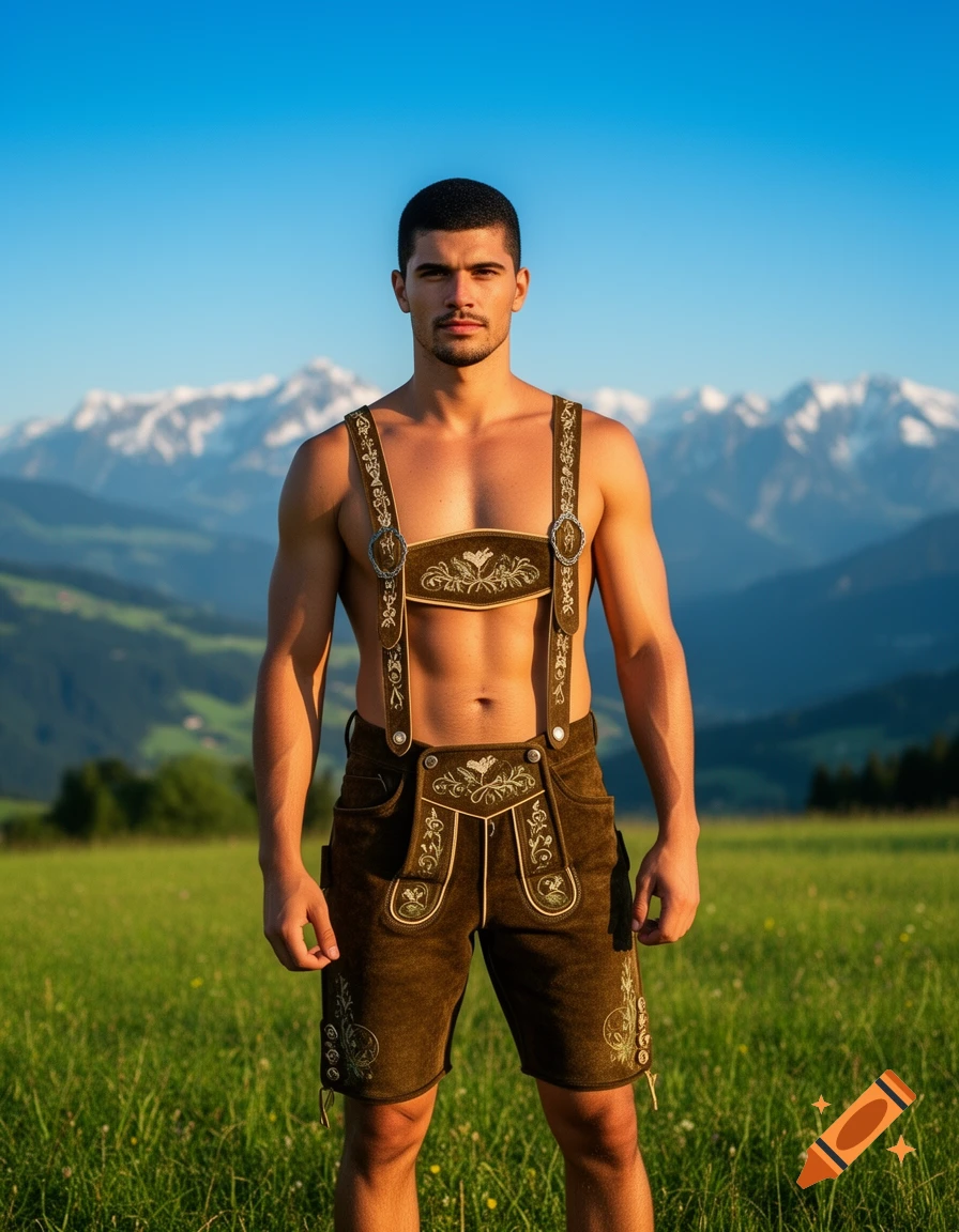Shirtless man in embroidered brown lederhosen and suspenders stands in a grassy field with snow-capped mountains in the background under a blue sky.