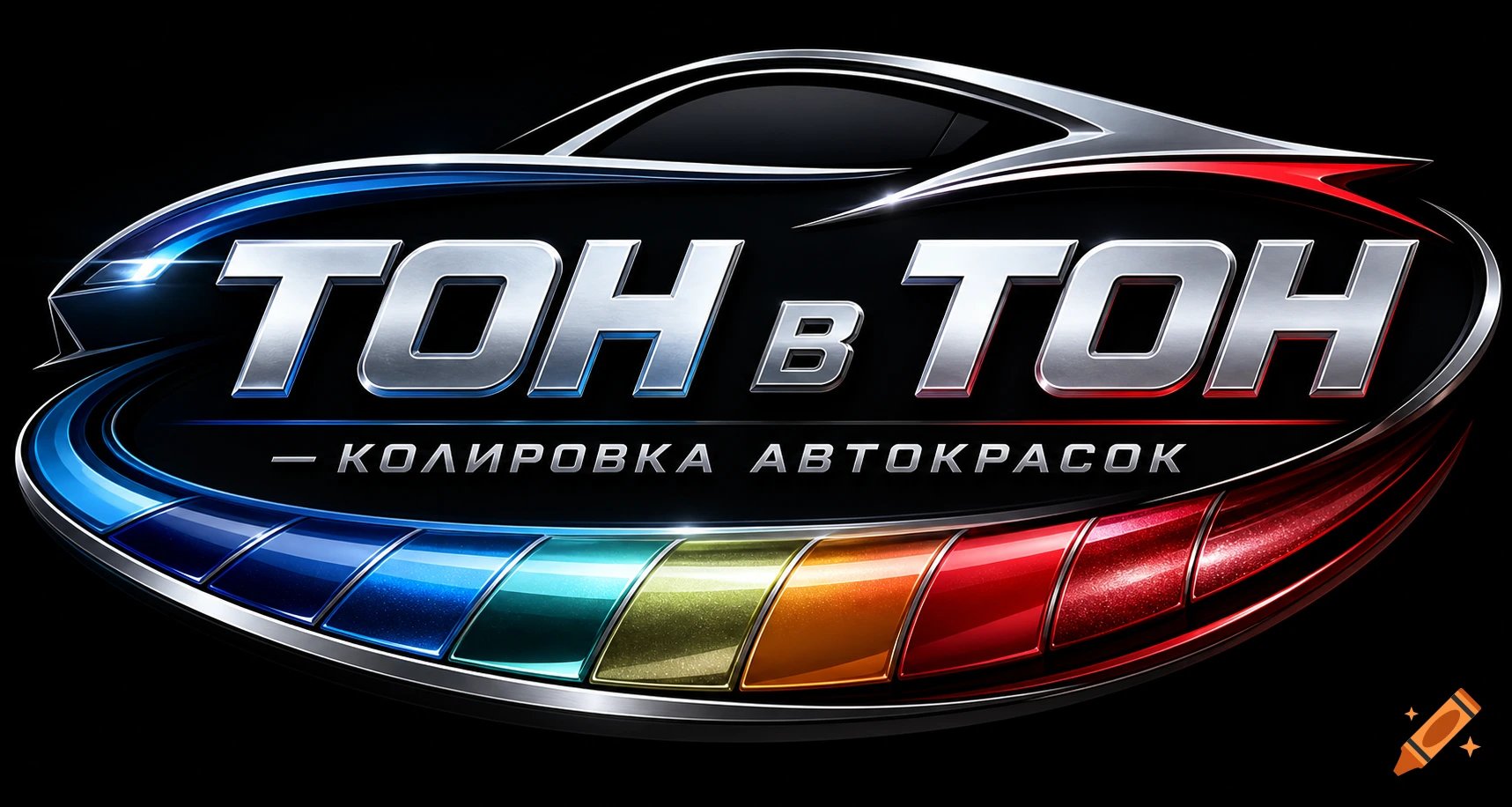 A glossy logo featuring a stylized car outline, chrome text ""ТОН В ТОН - КОЛИРОВКА АВТОКРАСОК"", and a rainbow gradient of car paint swatches.