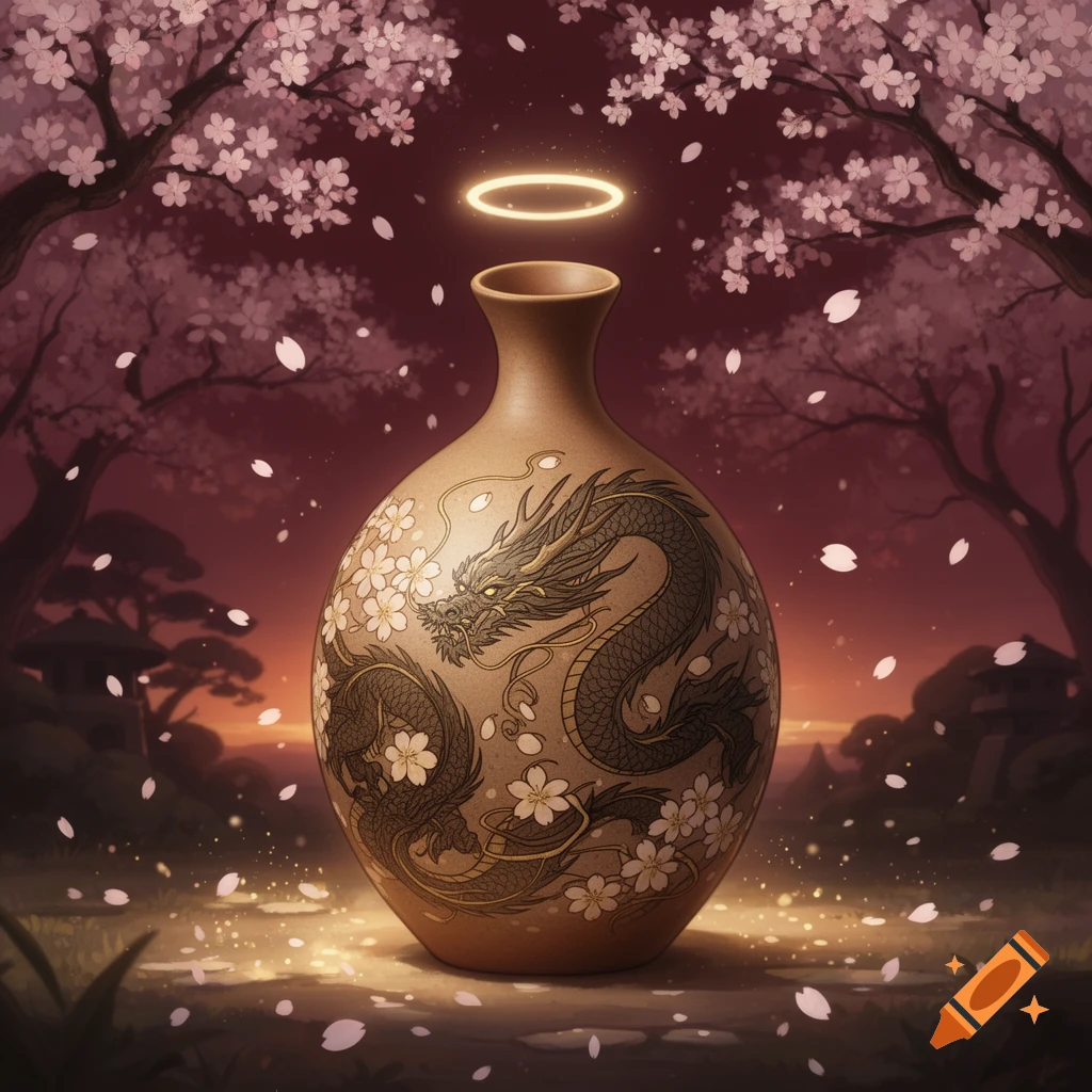 Anime style sake vase with a dragon and cherry blossom design, glowing under cherry trees at dusk with falling petals.