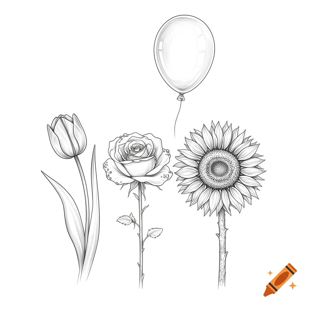 Outline drawings of a tulip, a dewy rose, a sunflower, and a balloon on a white background, in a sketch style.
