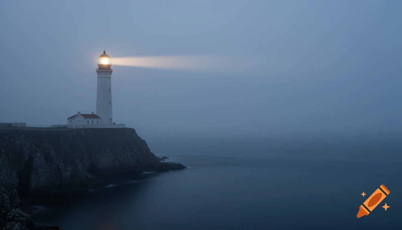 A solitary white lighthouse with a warm light beam on a dark cliff overlooks a calm, foggy ocean at dusk, with muted blue-grey colors.