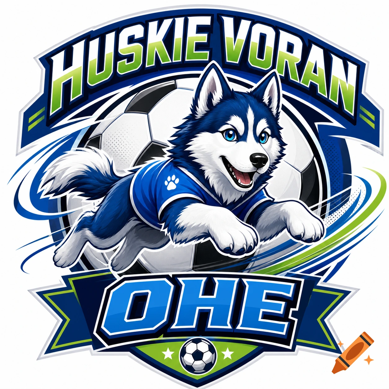 Cartoon husky dog mascot in a blue jersey jumping over a soccer ball, with 'HUSKIE VORAN' and 'OHE' text in a vibrant logo.