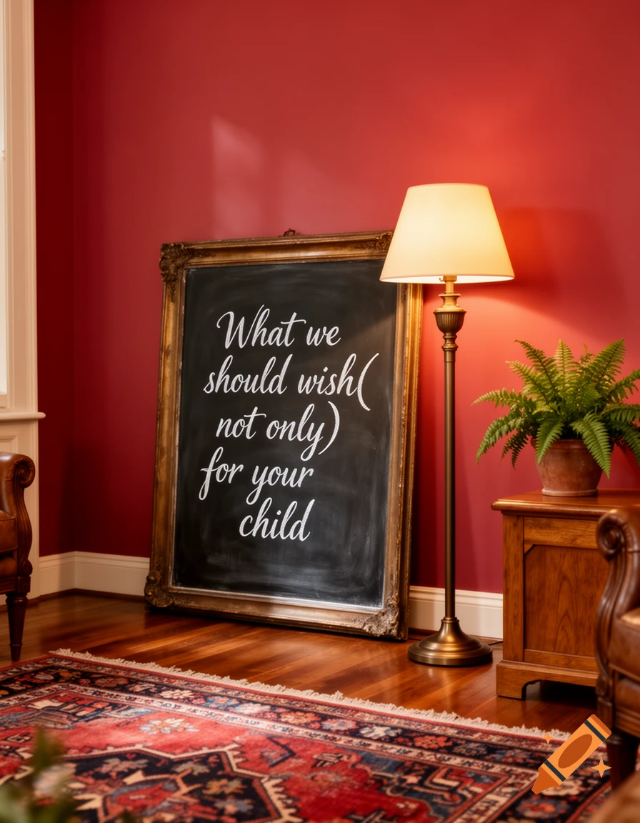 A chalkboard with 'What we should wish( not only) for your child' in a photorealistic, red-walled room with a lamp and rug.