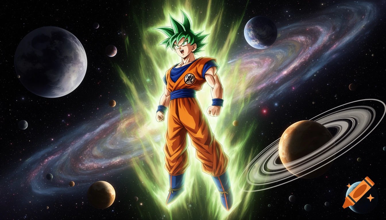 Goku in Super Saiyan form with green hair, glowing brightly against a dark space background with planets and a swirling galaxy.