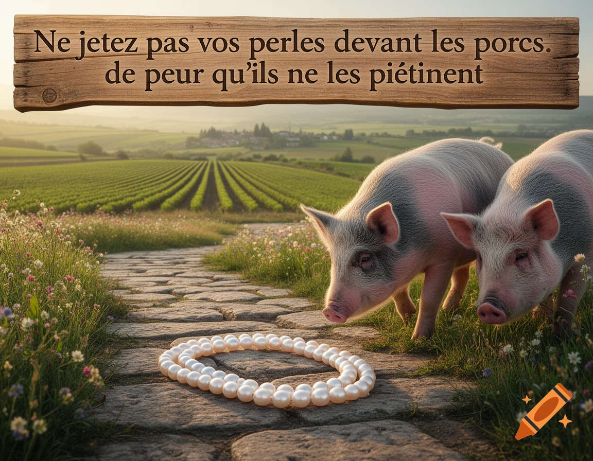 Photorealistic image of two pigs near a pearl necklace on a stone path, below a wooden sign with a French biblical proverb.