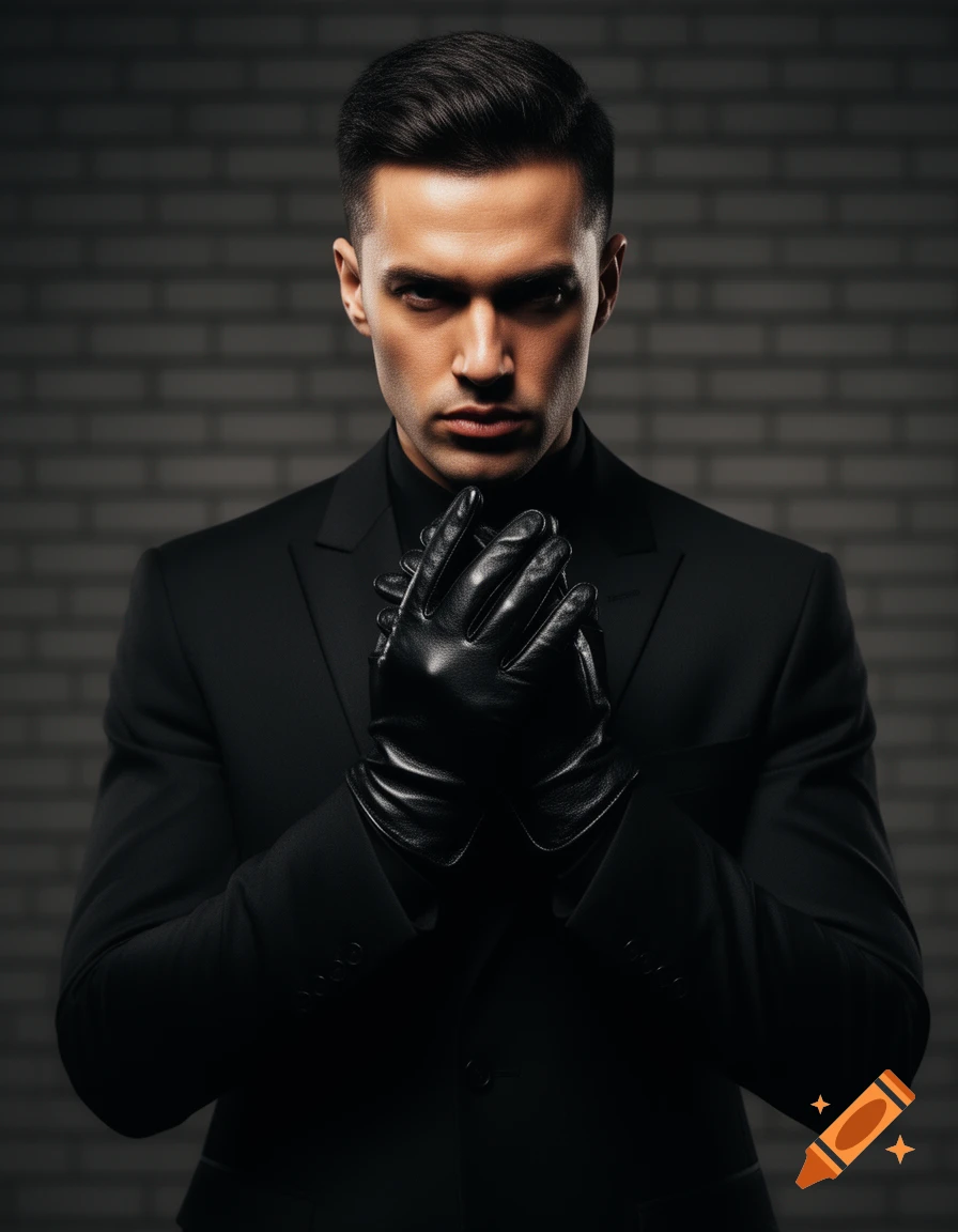 A man in a black suit and leather gloves stares intensely at the camera, hands clasped against a dark brick wall.