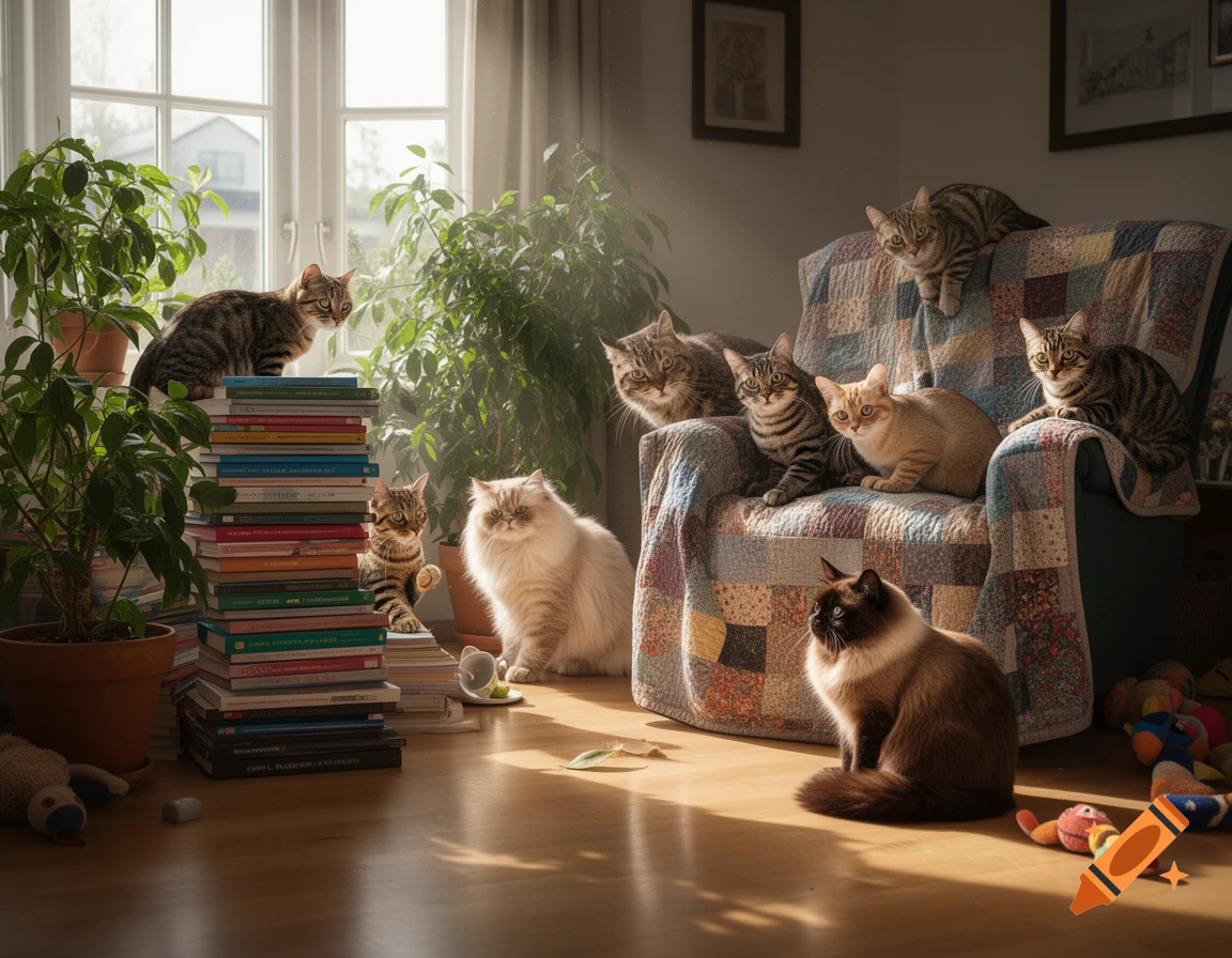 Multiple cats in a sunlit room, some on a quilted armchair, others on stacks of books and the floor.