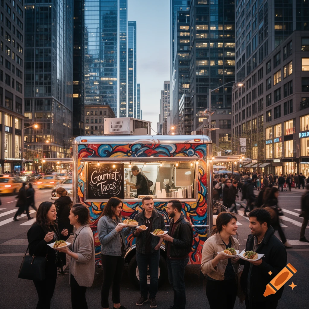 People eat tacos from a colorful food truck on a busy city street at dusk, with tall buildings in the background.