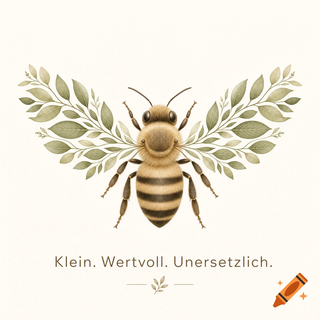 A stylized illustration of a fuzzy bee with wings made of green leaves, above the German text 'Klein. Wertvoll. Unersetzlich.'