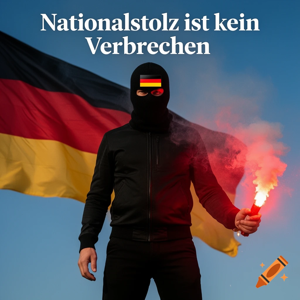 A person in a black balaclava with a German flag on their forehead holds a red flare in front of a large German flag, under the text 'Nationalstolz ist kein Verbrechen'.