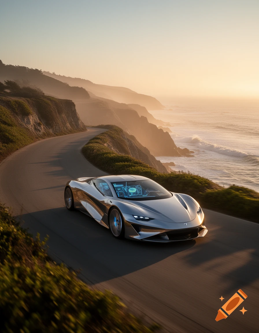 A sleek silver futuristic car drives along a winding coastal road at sunset, with cliffs and ocean beside it.