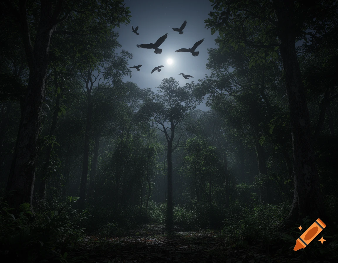 Dark, misty forest at night with tall trees and several silhouetted birds flying against a bright, moonlit sky.