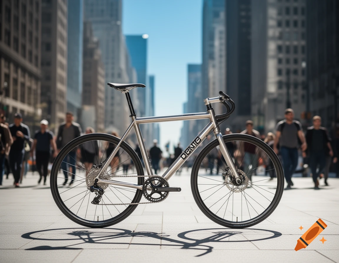 A silver bicycle on a paved city sidewalk, with blurred pedestrians and tall buildings under a blue sky.