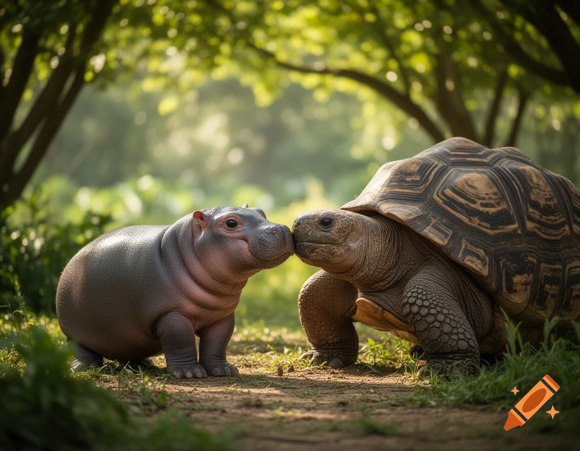 A baby hippo and a giant tortoise touch noses on a dirt path in a lush, sun-dappled forest, photorealistic.